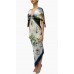 MORPHEW COLLECTION Olive Green, Navy Blue & White Silk Bird Print 2-Scarf Dress Made From Vintage Scarves