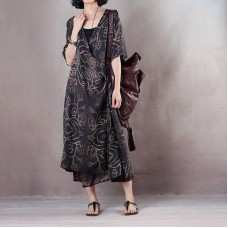 Elegant black natural linen dress plus size v neck floral linen clothing dress vintage half sleeve tie waist gown