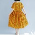 vintage yellow pure cotton linen dresses casual clothing dresses boutique short sleeve O neck floral natural cotton linen dress
