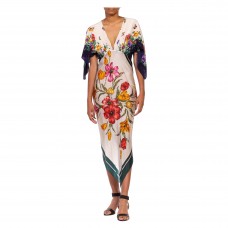 MORPHEW COLLECTION White Multicolored Silk Botanical Print With Borders Scarf Dress