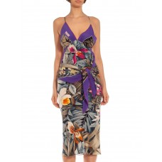MORPHEW COLLECTION Purple & Grey Multicolored Silk Twill Jungle Print Scarf Dress Made From FENDI Vintage Scarves